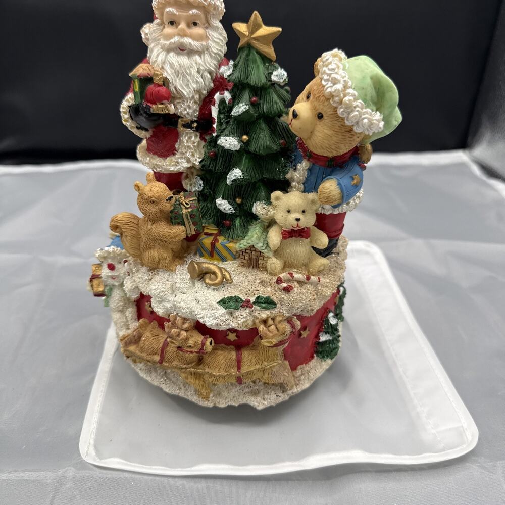 VTG Christmas Santa w/ Teddy Bear Squirrel Reindeer Snowman - Spinning Music Box